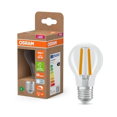 Immagine di OSRAM Energy Class nella classica forma a lampadina, 3,8 W / 806 lm, EEK A, luce bianca fredda (4000 K), CRI 80, in vetro senza piombo trasparente, attacco E27, IP20, diametro 60 mm, dimmerabile