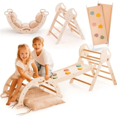 Immagine di Goodevas 5 in 1 Telaio da Arrampicata per Bambini Scala a Triangolo, Arco Arrampicata, Balance Board e Cuscino, Montessori, Palestra Legno 3 Anni