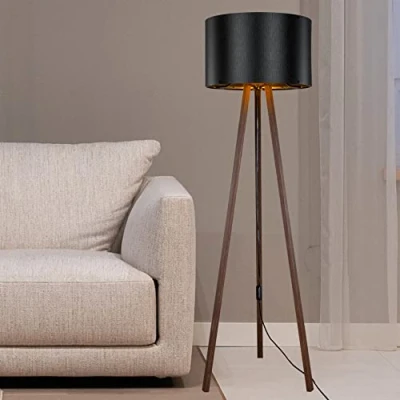 Immagine di Lampada da Terra Altezza 136 cm Piantana a Treppiedi in MDF Stelo con Paralume Cilindrico Tessuto/PVC effetto Noce/Nero