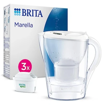 Immagine di BRITA Caraffa filtrante Marella bianca (2.4L) incl. 3 x filtri MAXTRA PRO All in 1 che riduce cloro, calcare e PFAS Adatta al frigo, Memo digitale riempimento comodo confezione sostenibile