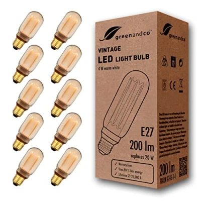 Immagine di 10x greenandco® lampadina a LED di design vintage in stile retrò E27 T45 4W 200lm 1800K 320 230V, ambra, nessun sfarfallio, non dimmerabile