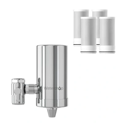 Immagine di Waterdrop WD FC 06 Filtre à eau de Robinet en Acier Inoxydable,Système Filtration d&#039;eau Bloc Carbone,Filtre du Robinet,Réduit le Chlore,les Odeurs et Mauvais Goût(4 Filtres Inclus)
