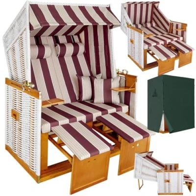 Immagine di TecTake® Poltrona Sdraio da Spiaggia e Giardino, Modello Strandkorb XXL del Mar Baltico, Robusto Involucro Protettivo, Morbidi Cuscini, Regolabile in Vimini rosso/bianco