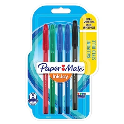 Immagine di Papermate Inkjoy 100ST Penne a Sfera con Cappuccio, Punta Fine da 0.7 mm, Confezione 5, Colori Classici Assortiti