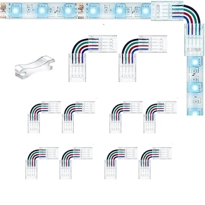 Immagine di YUTOKEER connettore LED RGB 4 pin striscia a strisce, adattatore senza saldatura, forma di L per luci pin, 10 mm, 5 24 V (confezione da 10)