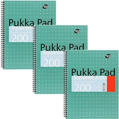 Immagine di Pukka Pad, Jotta Quaderno A4 a quadretti metallizzati, confezione da 3 pezzi, 29,7 x 23 cm, rilegatura spirale con carta 80 g/m², margini perforati 4 fori e bordi perforati, 200 pagine,