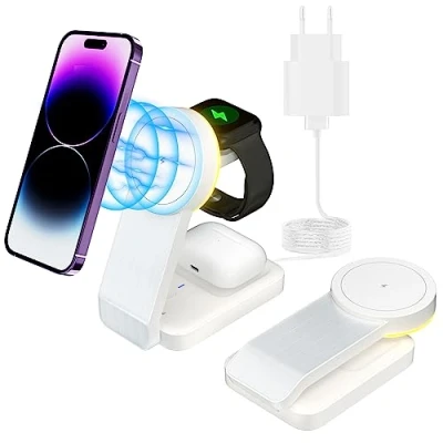Immagine di tigratigro Mag safe Caricatore, Pieghevole 3 in 1 Stazione di Ricarica Wireless, Compatibile con iPhone 12/13/14/15 Serie, Airpods 2/3/Pro, Apple Watch (Argento)
