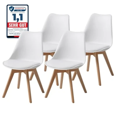 Immagine di Sedie da Pranzo AARHUS Set di 4, Bianco con Gambe in Legno Massello, Faggio, Design Retrò Scandinavo