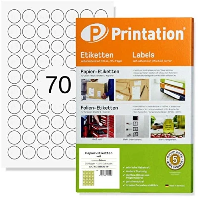 Immagine di Printation etichette rotonde 24 mm 1750 stampabili bianche su 25 fogli DIN A4 7x10 70 autoadesive per