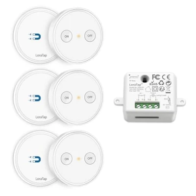 Immagine di Paio Interruttore per Luce Senza Fili, LoraTap 3pz Interruttori Remoto con Base Magnetica 1 Ricevitore a Relè 2500W, Telecomando 200m 230V, On/Off Switch Wireless Lampade e Apparecchi Elettrici