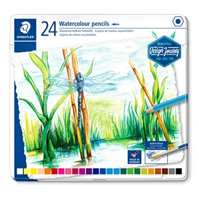 Immagine di Staedtler Matite colorate ad acquerello di alta qualità per artisti, utilizzabili a secco o con acqua, mina morbida e malleabile da 3 mm, astuccio in metallo 24 colori assortiti, rif. 14610C C24