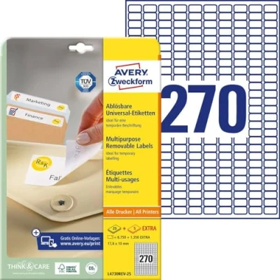 Immagine di Avery Zweckform© L4730REV 25 Etichette universali, 17,8 x 10 mm, fogli per un totale di 6.750 etichette, colore: Bianco