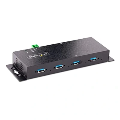 Immagine di StarTech.com Hub USB 3.0 Industriale A 4 Porte Multipresa 5Gbps Alimentata con ESD, Protezione da Sovratensione e Bloccabili, Installabile Parete/Scrivania/DIN (5G4AINDNP HUB)