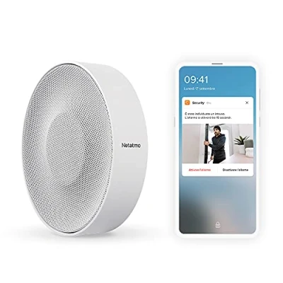 Immagine di Netatmo NIS01 IT Sirena Interna Intelligente, Wireless, 110 dB, Attivazione/Disattivazione Automatica, Nessun Abbonamento, Alimentata a Pile o con Cavo