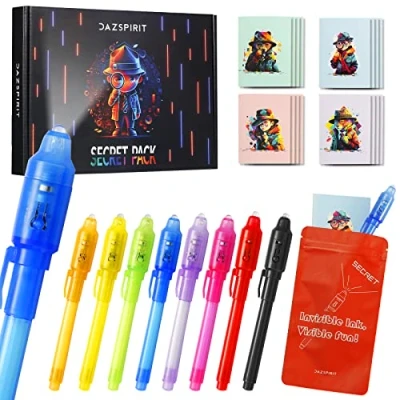 Immagine di DazSpirit 8 pcs Penna Inchiostro Invisibile e Taccuino, Tema Investigativo con Luce Gadget Compleanno Bambini, Penne Invisibili per Scrivere Messaggi Segreti