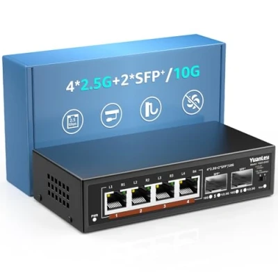 Immagine di 6 Porte 2,5G Switch Ethernet Umanaged, 4 Port Base T, 2 10G SFP, Compatibile 100/1000/2500M, Metallo Senza Ventola, di Rete YuanLey 2,5Gbe da Tavolo/Muro per AP Wireless, NAS, PC