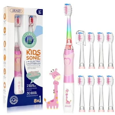 Immagine di Seago Spazzolino Elettrico Bambini dai 3 12 Anni con Timer di Spazzolamento e Lampade a LED Colorate 4 Setole Morbide Testine Idea Regalo per Ragazzi Ragazze SGEK6/SG977 (Rosa FR)