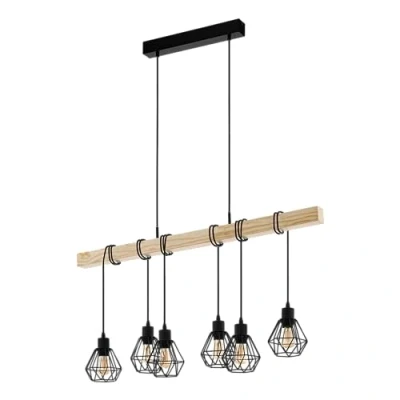 Immagine di EGLO lampada a sospensione Townshend 5, plafoniera vintage 6 punti luce, design industriale, appesa retrò in acciaio e legno, nero, marrone, E27, certificazione FSC