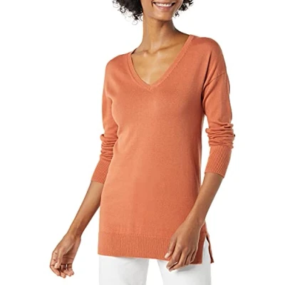Immagine di Amazon Essentials Maglione A Tunica Leggero Maniche Lunghe Con Scollo v (Disponibile In Taglie Forti) Donna, Caramello, L