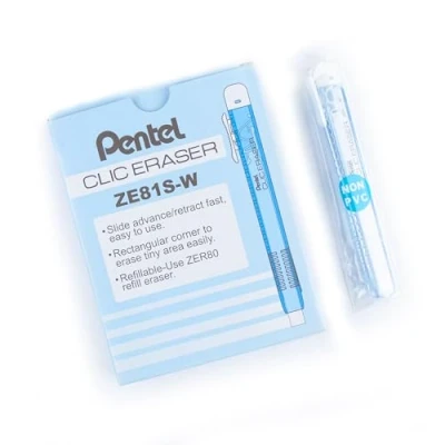 Immagine di Pentel Clic Eraser ZE81 Penna gommata rettangolare ricaricabile, corpo azzurro trasparente, confezione da 12
