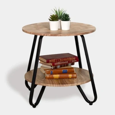 Immagine di MEUBLE COSY Tavolino da caffè Rotondo Comodino con Ripiano per Soggiorno Camera Letto, Design Scandinavo, Struttura in Metallo, Legno ingegnerizzato, Marrone Chiaro e Noir, 46x46x45cm