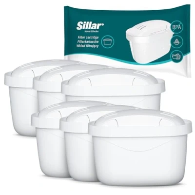 Immagine di Sillar Cartuccia filtro acqua compatibile con BRITA Maxtra+, Marella, Aluna, Elemaris, confezione da 6 pezzi, carbone attivo e scambiatore di ioni, senza BPA, riduce calcare cloro, per
