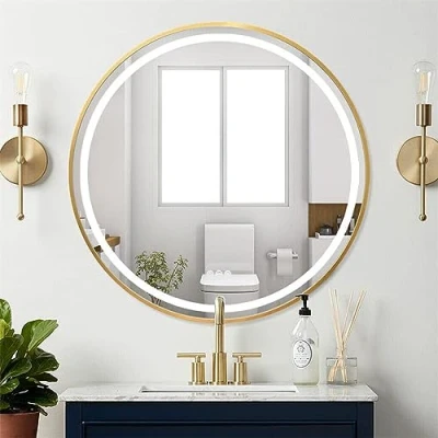 Immagine di LUVODI Specchio Rotondo bagno con Led Luce: Oro Cornice 60cm Tondo da Cinghia Regolabile 3 Touch Dimmerabile Antiappanamento Funzione Memoria