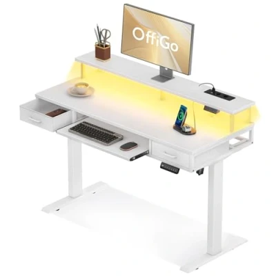 Immagine di OffiGo Scrivania Elettrica con Cassetti, 120cm Regolabile in Altezza Supporto per Monitor, Vassoio Tastiera, Ufficio Prese e LED Luce, Bianco