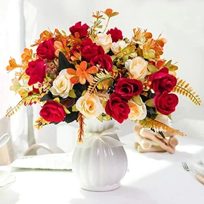 Immagine di LESING fiori finti artificiali con vaso di seta rose bouquet per casa, ufficio, feste, sala riunioni (rosso 1)