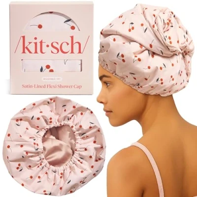 Immagine di Kitsch cuffia da doccia di lusso donna, riutilizzabile, impermeabile, con fodera in raso flessibile, grande, antiscivolo, ad asciugatura rapida, regolabile, elegante per capelli lunghi e