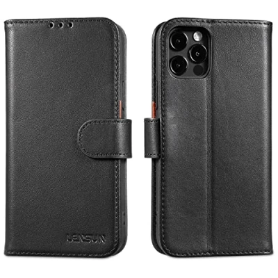 Immagine di Lensun Custodia per iPhone 12/12 Pro, Cover in Vera Pelle [RFID Blocking] Libro con Portafoglio Chiusura Magnetico Flip Custodie Cuoio Telefono 12/iPhone 12 Pro Nero