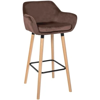Immagine di CLP Sgabello Bar Grant in Velluto Sfoderabile I Sedia Alta Cucina Legno di Faggio con Cuscino Removibile, Colore:caffè