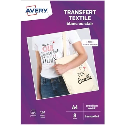 Immagine di AVERY Confezione di 8 carte transfer bianche o trasparenti per magliette tessuti, personalizzabili e stampabili, formato A4, stampa a getto d&#039;inchiostro
