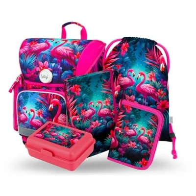 Immagine di Baagl Set di 5 zaini per la scuola Ergo ragazzi a partire dalla 1a classe, zaino ergonomico elementare con cintura toracica, Fenicotteri.,