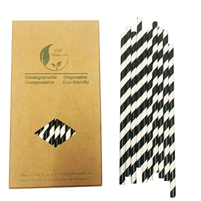 Immagine di Cannucce di Carta a Righe Bianche e Nere, 100 Pezzi per Feste, Cocktail, Privo Plastica, Ecologico, Resistenti Biodegradabili