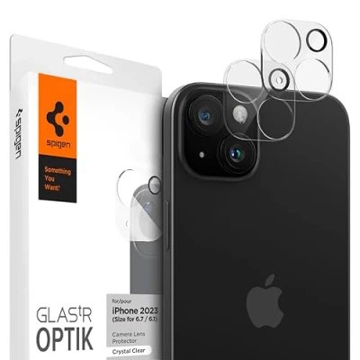 Immagine di Spigen Glas.tR Optik Protezione Fotocamera compatibile con iPhone 15, 15 Plus, 2 Pezzi, Cristallino, Resistente ai Graffi, Durezza 9H Pellicola prottetiva