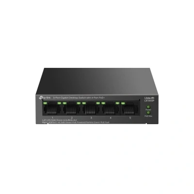 Immagine di TP Link Switch Ethernet desktop Gigabit a 5 porte con PoE+ 4 porte, budget PoE da 65 W, ripristino automatico PoE, plug &amp; play, custodia in metallo, ideale per sorveglianza IP e sicurezza di rete