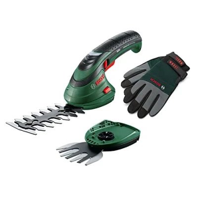 Immagine di Bosch Home and Garden Set forbici per erba a batteria Isio (3,6 Volt, lunghezza lama 12 cm, spessore di taglio 8 mm, con guanti da giardinaggio XL inclusi, confezione custodia morbida)