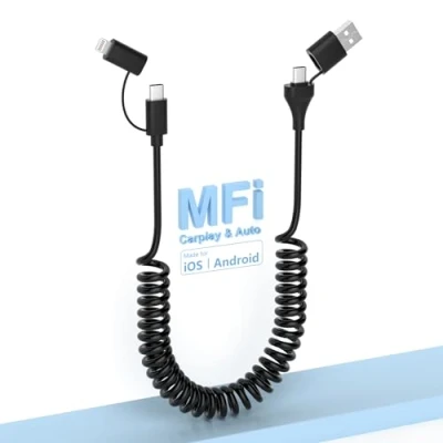 Immagine di cavo USB C e Lightning 4 in 1 [Certificato MFi] iPhone CarPlay Android Auto, ricarica rapida sincronizzazione dati da 60 W, di multiplo a spirale per iPhone/Android/iPad/laptop