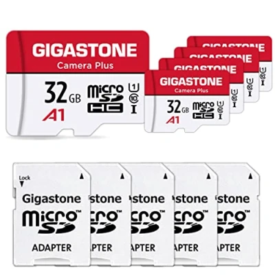 Immagine di Gigastone Micro SD 32 GB, Camera Plus Serie, Set da 5, A1 U1 C10 UHS 1, Per GoPro Fotocamera Videocamera, Velocità Fino a 90/20 MB/Sec(R/W), con Adattatore Scheda