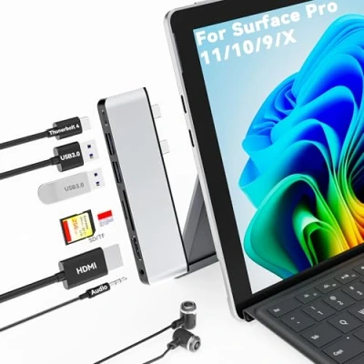 Immagine di Surface Pro 11/10/9/X hub Docking Station, adattatore per 11 con HDMI 4K, USB C Thunderbolt 4 (video 8K+dati+PD 100W), 2 3.0, audio da 3,5 mm, SD/TF, Dock
