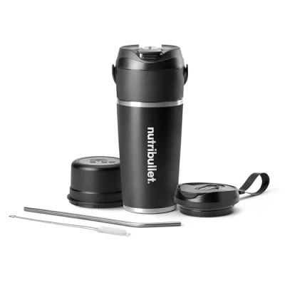 Immagine di Nutribullet Flip frullatore portatile, tazza isolante da 590 ml, mantiene il freddo per 24 ore, frullare ghiaccio, multifunzione, USB C, frulla e bevi, tutto in una tazza, nero, NBP016B