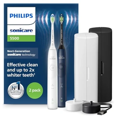 Immagine di Philips Sonicare 5500, spazzolino elettrico sonico con 2 modalità, avviso di pressione, EasyStart, Smartimer e BrushPacer, bianco blu navy, confezione da 2, modello HX7119/01