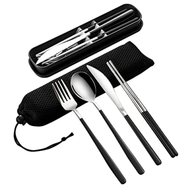 Immagine di VANRA Set di 4 Strumenti da Viaggio Portatili con Custodia 18/10 Posate Riutilizzabili in Acciaio Inossidabile Forchetta Cucchiaio Coltello Bacchette per Viaggi, Campeggio, Scuola (Argento)