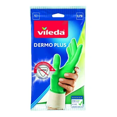 Immagine di Vileda Dermo Plus Guanti Casalinghi in Nitrile Lattice, senza Polveri, Certificati Ecarf, Verde, Misura L/9