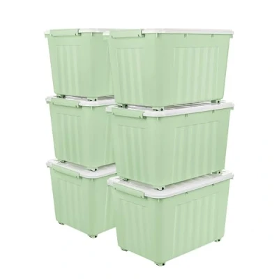 Immagine di Cetomo Scatola portaoggetti in plastica 55L* 6, verde, contenitore organizzativo con coperchio durevole e fibbie di chiusura sicure, impilabile annidabile, confezione da fibbia