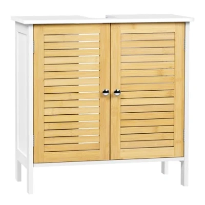 Immagine di EUGAD Mobile Sottolavello per Bagno, Mobiletto Lavabo, Armadio a Pavimento con Ante e Ripiano Regolabile, Colore Bambù Naturale+Bianco, 60x30x60cm