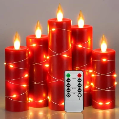 Immagine di candele LED, confezione da 5 a angolo di visione 360 gradi, con luci stellate, telecomando 10 tasti, funzione timer 24 ore, fiamma danzante, vera cera (rosso).