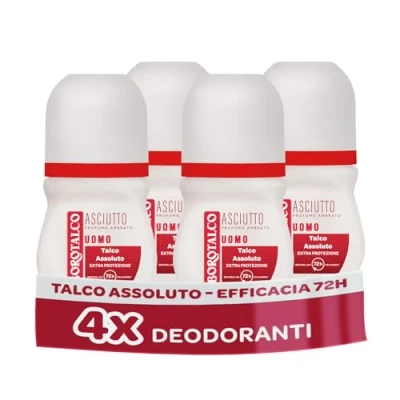 Immagine di Borotalco, Deodorante Uomo Roll On Asciutto Ambrato, con Talco Assoluto, Assorbe il Sudore, Senza Alcool, Profumo 72h efficacia 4 Pezzi da 50 ml Esclusiva Amazon