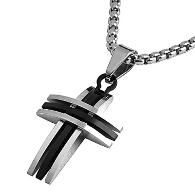 Immagine di DonDon Collana Uomo con Ciondolo Triplo Curvo Bicolore Croce in Acciaio Inox 52 cm Argento e Sacchetto Velluto